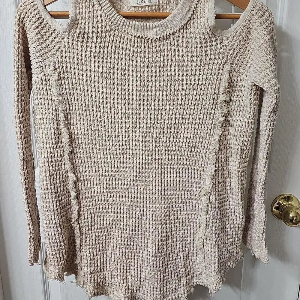 Elan Cold Shoulder Distressed Waffle Knit Sweater in Cream Size S
